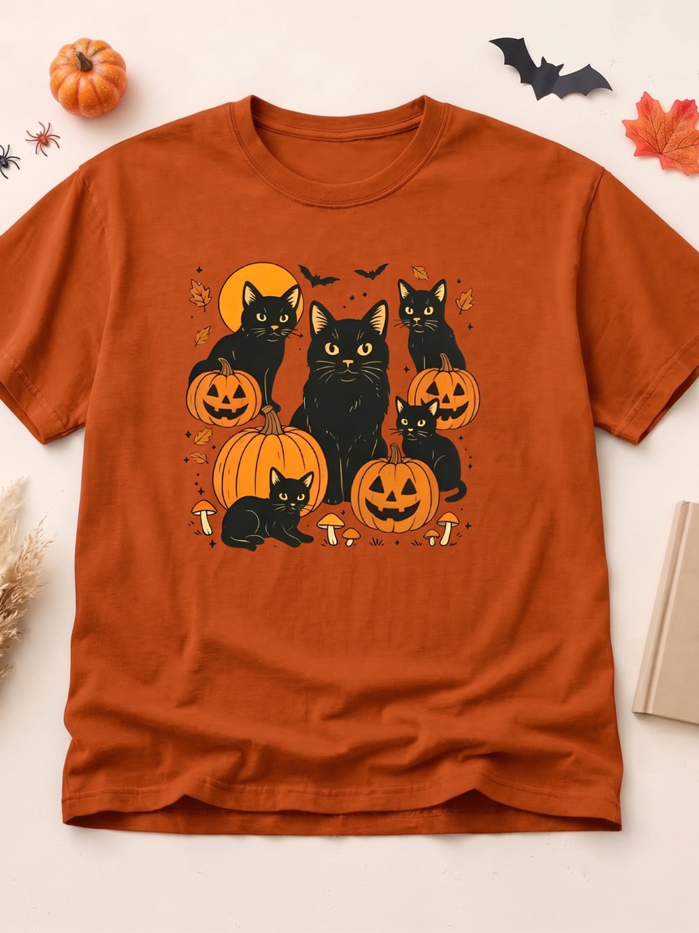 Gildan Black Cat & Pumpkins Shirt, Cat Halloween Tee
